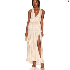 L Space Emma Maxi Dress Coverup Plunging Neckline in Cream Stripe Women's Medium